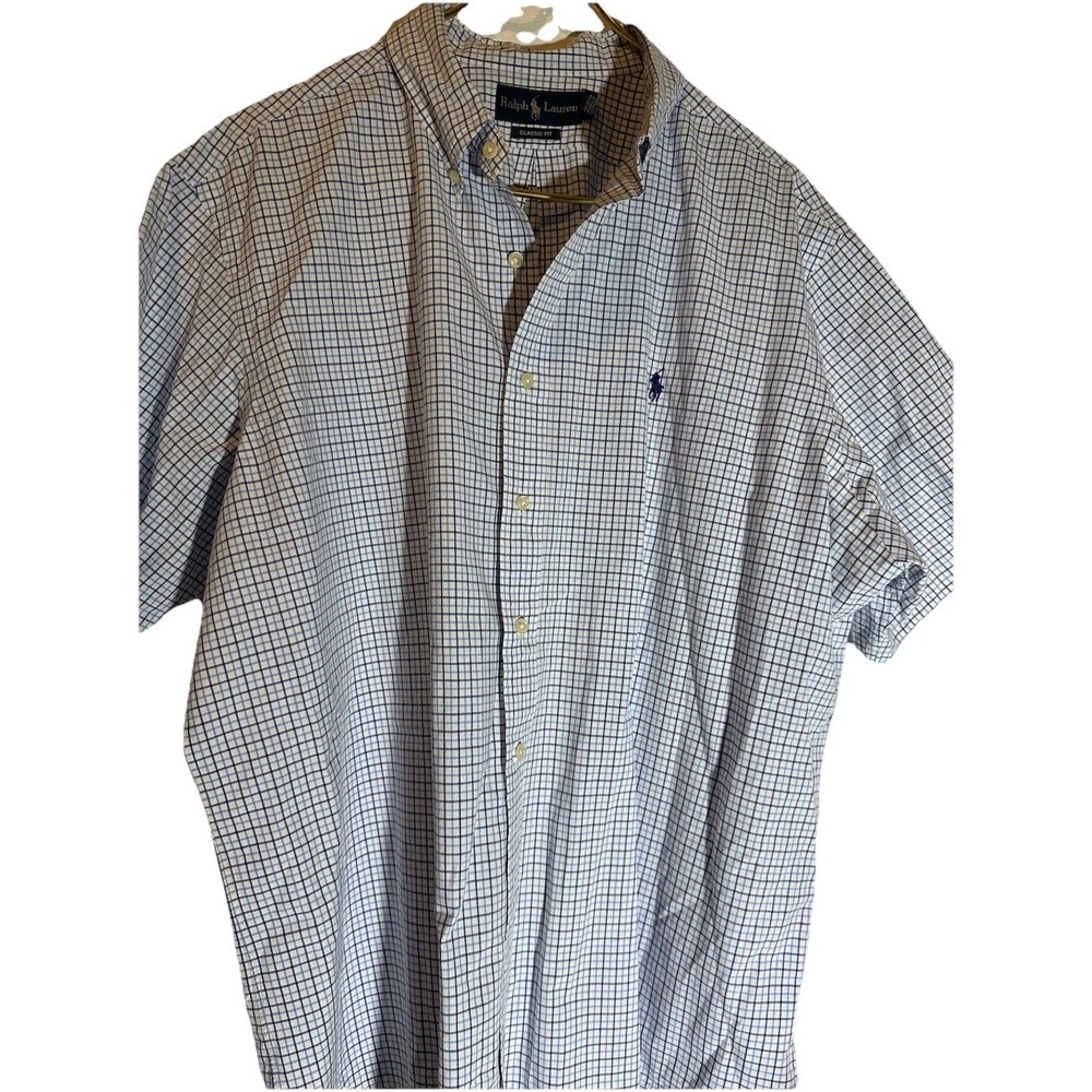 Ralph Lauren Classic Fit Short Sleeve Button-Up Mens Shirt XXL Blue & White